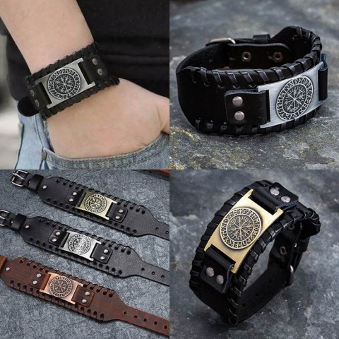 Genuine Leather Buckle Arm Cuff Metal Vegvisir Bracelet