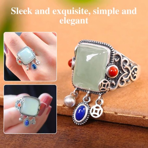 Square Shape Natural Hetian Jade Ring