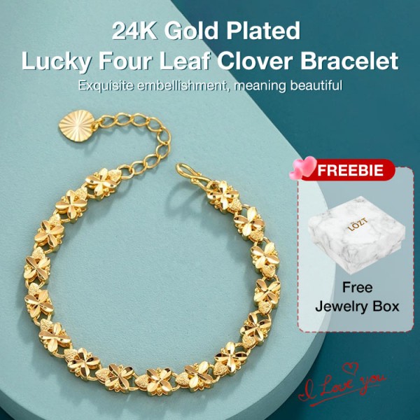 24K Gold Plated Lucky Four Leaf Clover Bracelet