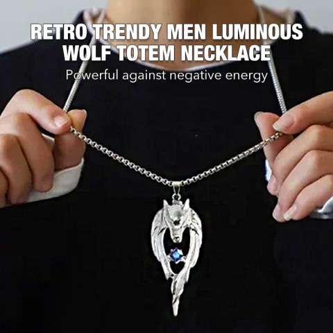 Retro trendy men luminous wolf totem necklace