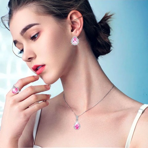 Water drop shaped pink zirconium jewelry three-piece set