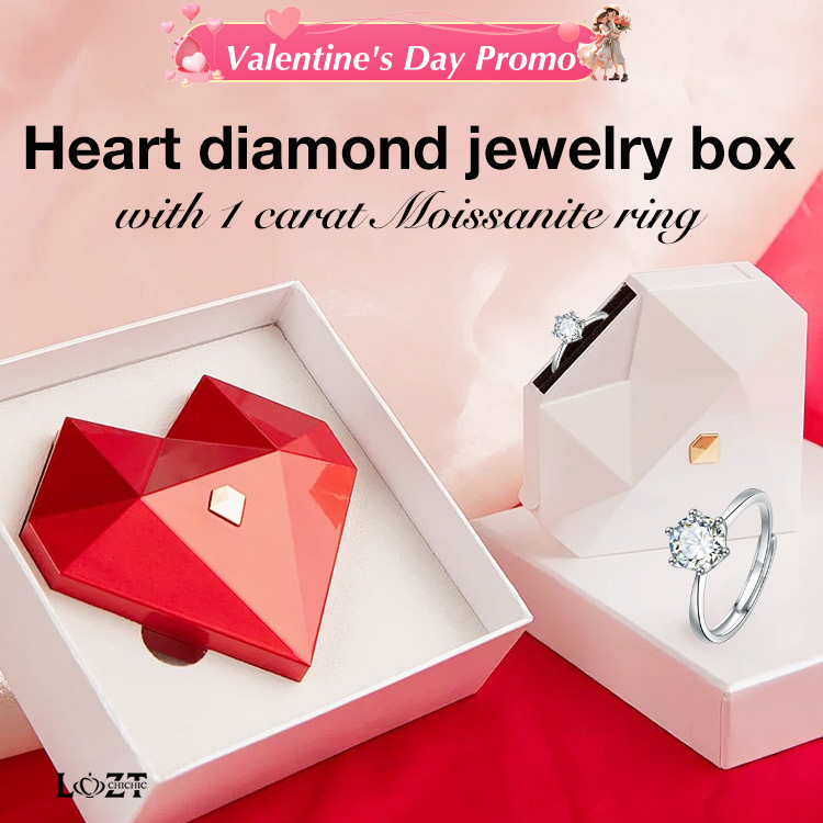 Valentine Day Promotion to save 150p now - Heart diamond jewelry box with 1 carat Moissanite ring - Gifts for Family and Friends