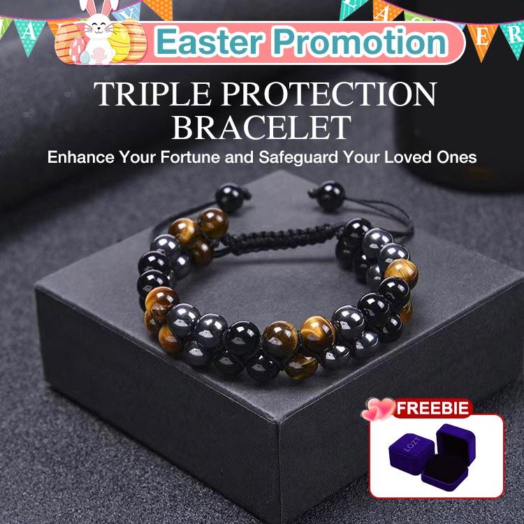 Triple Protection Bracelet-Natural Tigers Eye Black Agate And Hematite - Adjustable, with jewelry box, 1 year warranty