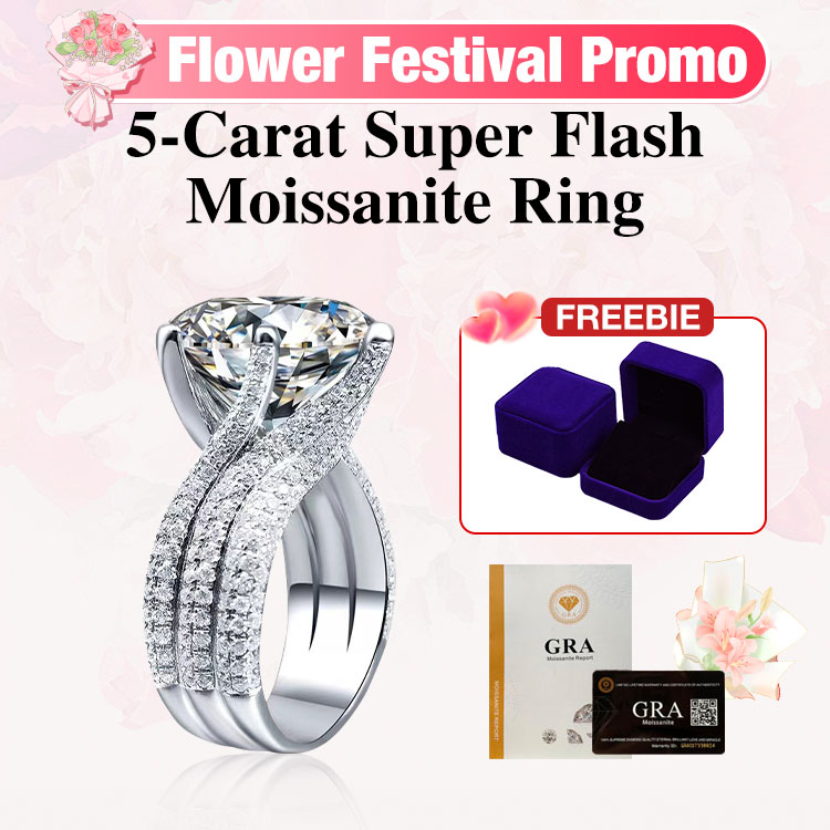 Flower Festival Promo-Best Gift For Her - 5-Carat Super Flash Moissanite Ring - Free gift box. GRA Certified. Adjustable size